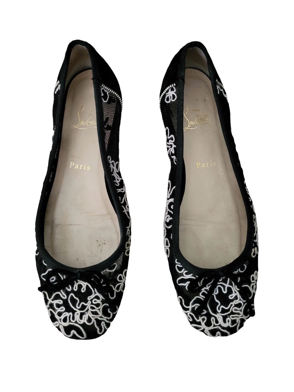 Christian Louboutin Black Ballet Flats with White Embroidery